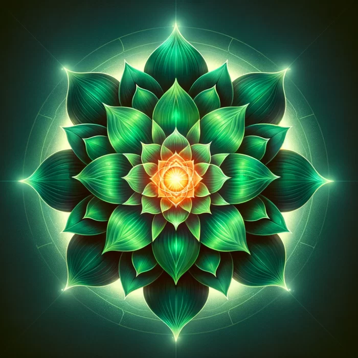 DALL·E 2024-03-05 19.05.39 - Create a photorealistic image of the Heart Chakra using the style of the provided template, composed of a deep green lotus with twelve wide petals enc