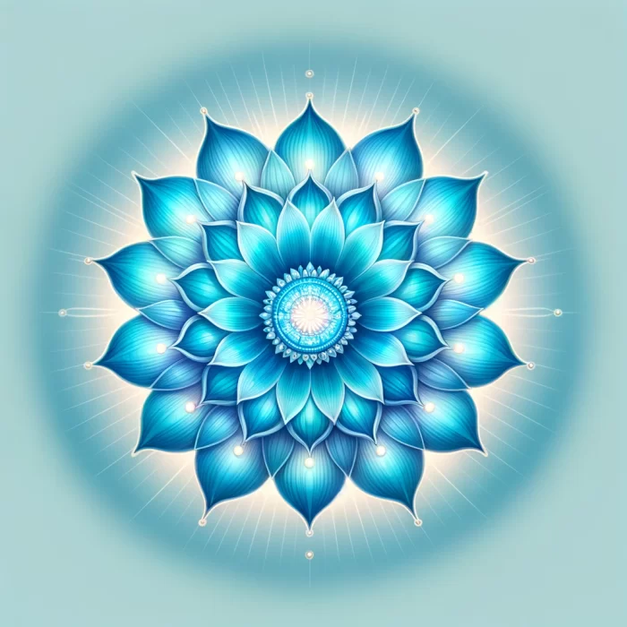 DALL·E 2024-03-05 19.05.42 - Design a photorealistic image of the Throat Chakra in line with the style of the provided template, featuring a bright blue lotus with sixteen wide pe