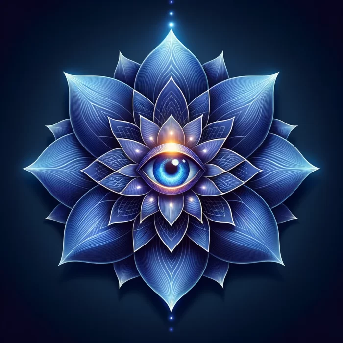 DALL·E 2024-03-05 19.05.44 - Generate a photorealistic image of the Third Eye Chakra, adhering to the style of the provided template, with an indigo lotus that has two wide petals