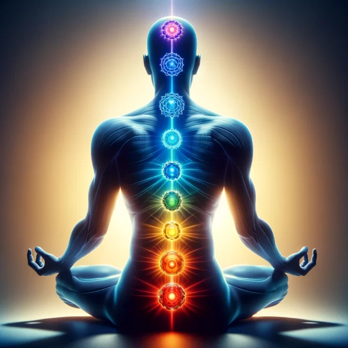 DALL·E 2024-03-05 19.55.33 - Create a photorealistic image featuring the silhouette of a human yogi in a meditative pose with the seven chakras depicted as glowing orbs, aligned a