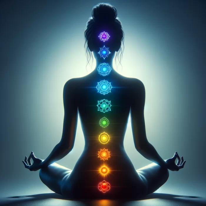 DALL·E 2024-03-05 20.40.26 - Create a photorealistic image featuring the silhouette of a female yogi in a meditative pose with the seven chakras depicted as glowing orbs, aligned